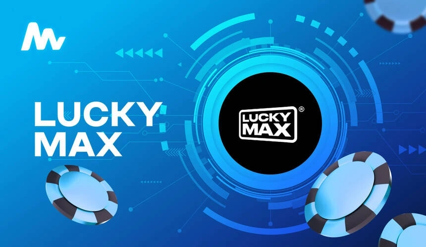 LuckyMax Casino logo op een blauwe achtergrond met casino fiches en digitale effecten