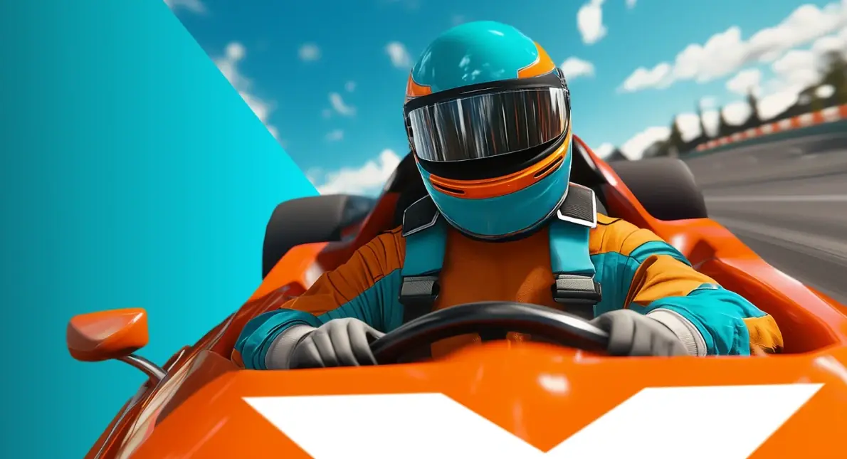 Racecoureur in een snelle racewagen op het circuit als promotionele afbeelding van LuckyMax Casino